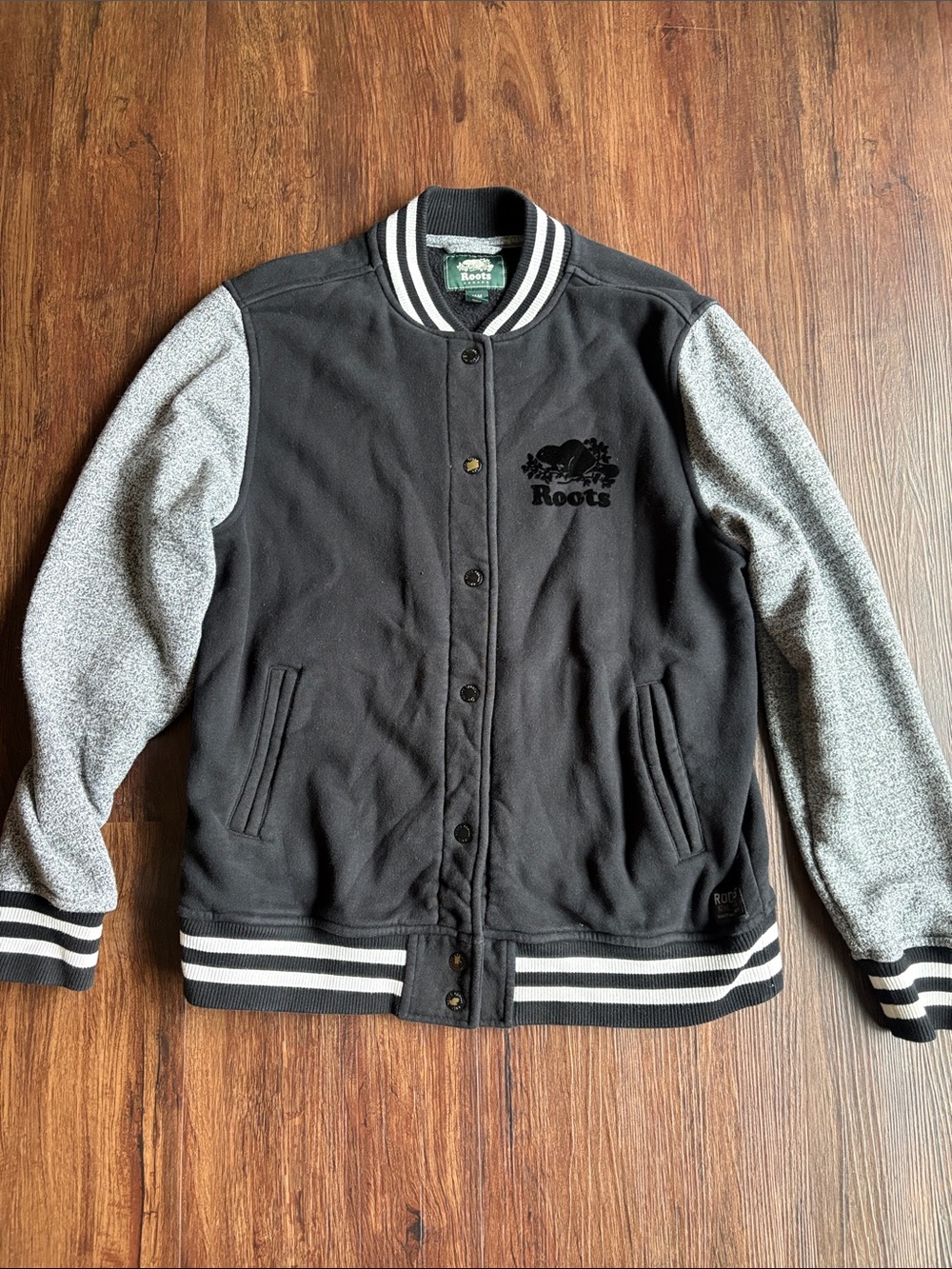 Men’s Roots Black and Gray Varsity Bomber Jacket